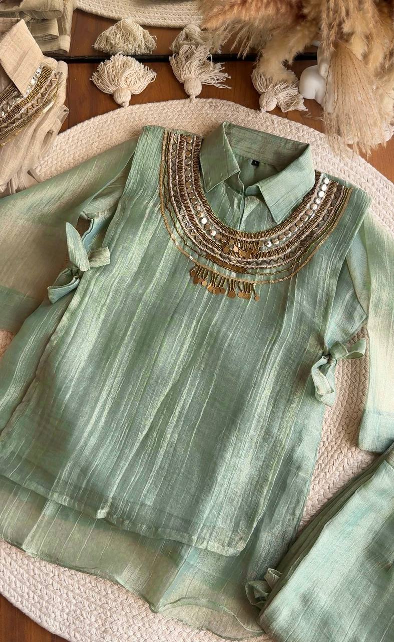 Salsa Crushed Hand Work Short Kurti with Plazzo Set