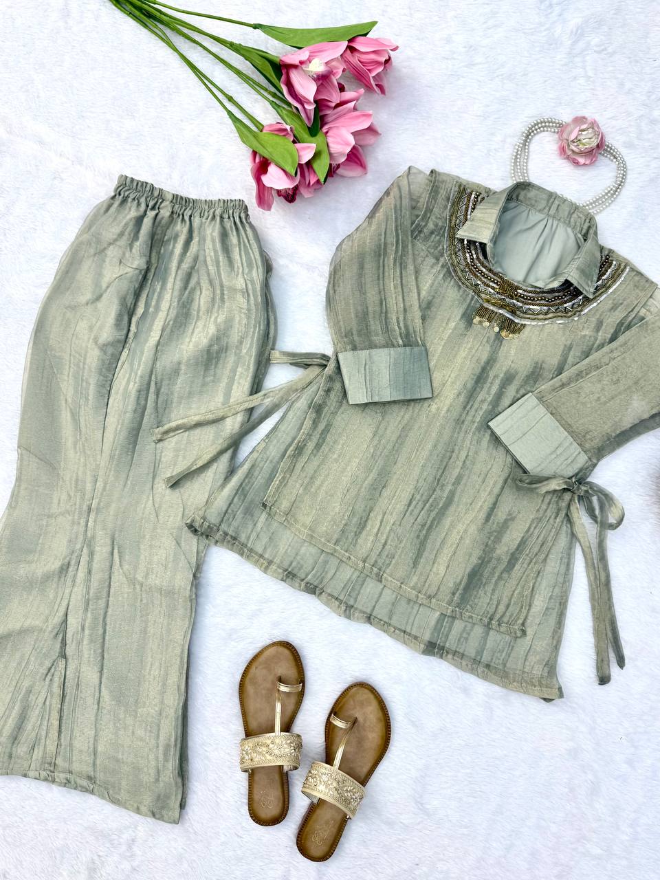 Salsa Crushed Hand Work Short Kurti with Plazzo Set