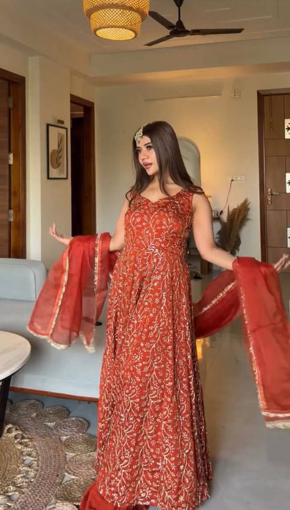 Red Embroidered Anarkali Kurta Palazzo Set with Dupatta