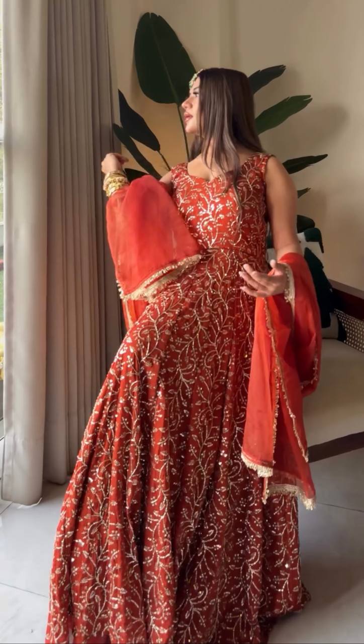 Red Embroidered Anarkali Kurta Palazzo Set with Dupatta