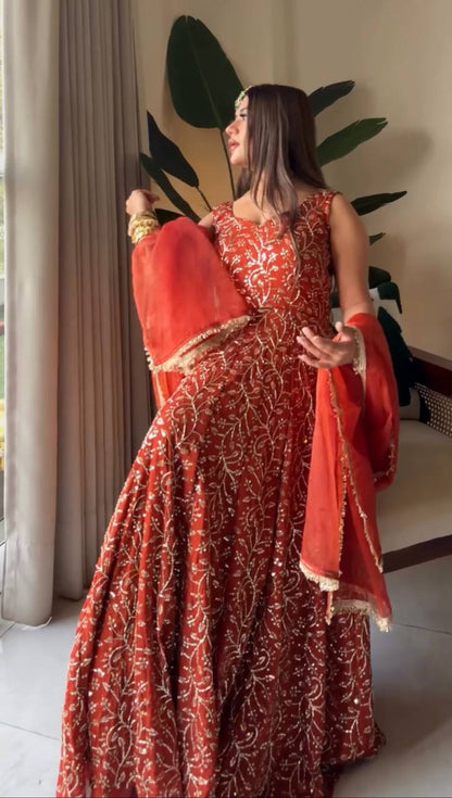 Red Embroidered Anarkali Kurta Palazzo Set with Dupatta