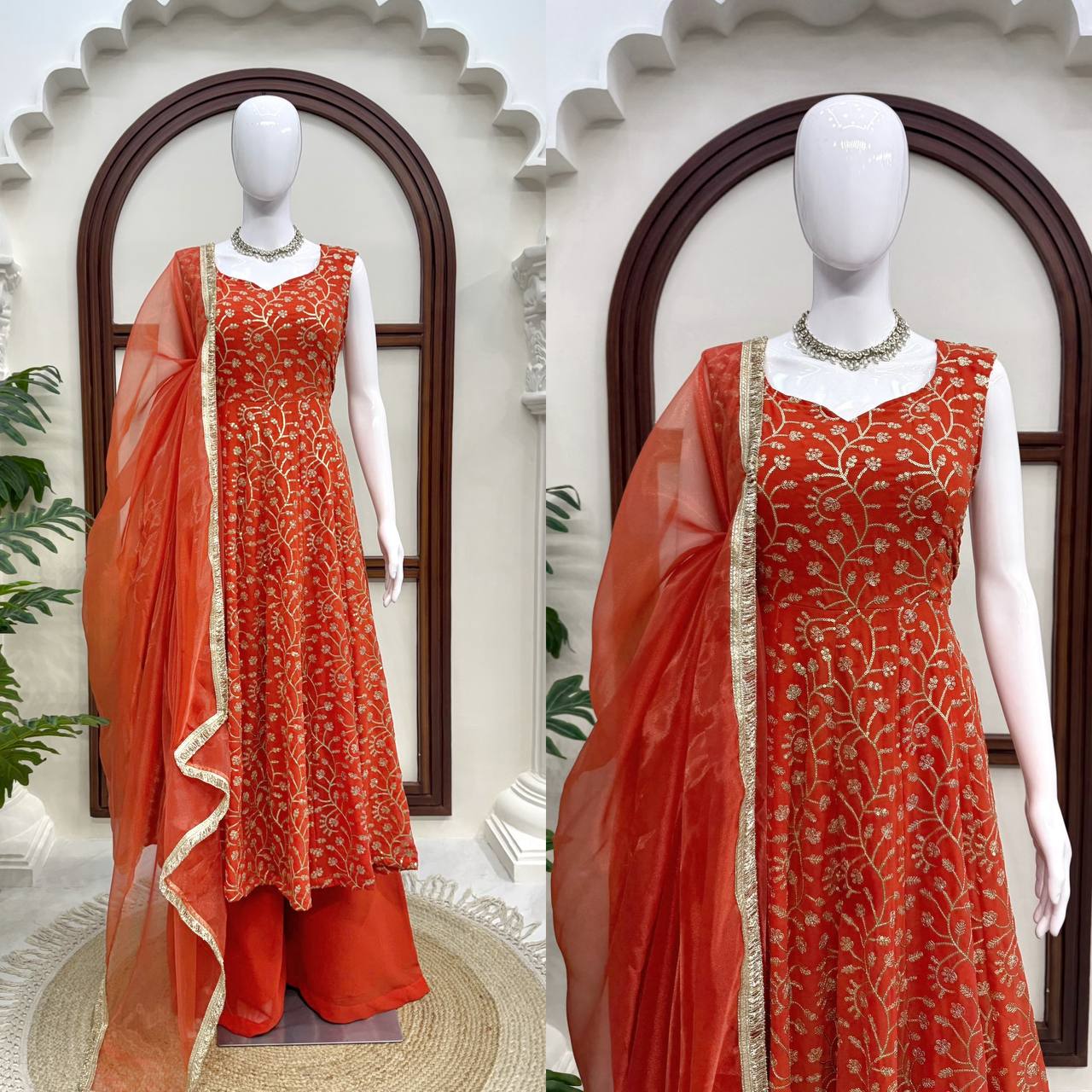 Red Embroidered Anarkali Kurta Palazzo Set with Dupatta