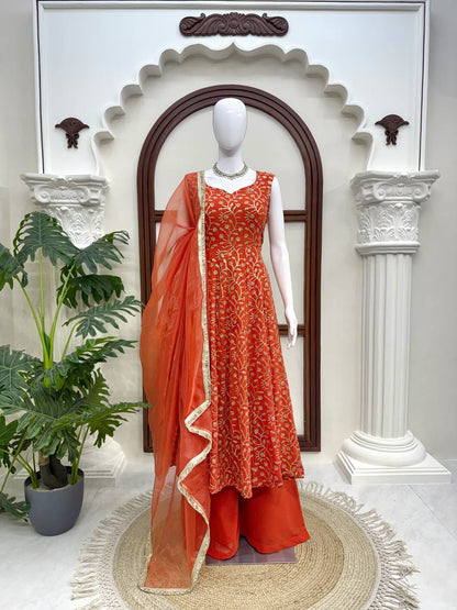 Red Embroidered Anarkali Kurta Palazzo Set with Dupatta
