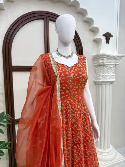 Red Embroidered Anarkali Kurta Palazzo Set with Dupatta