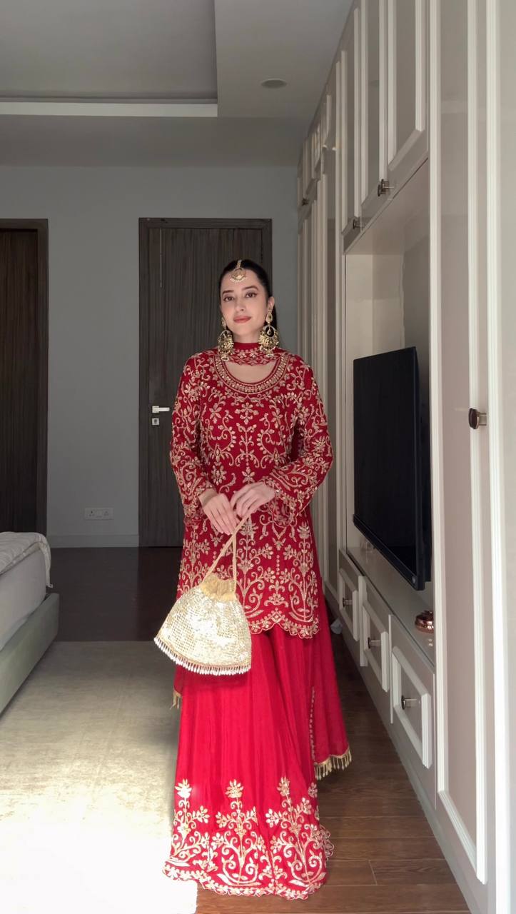 Red Faux Georgette Pakistani Suit Dress with Thread Work Sharara