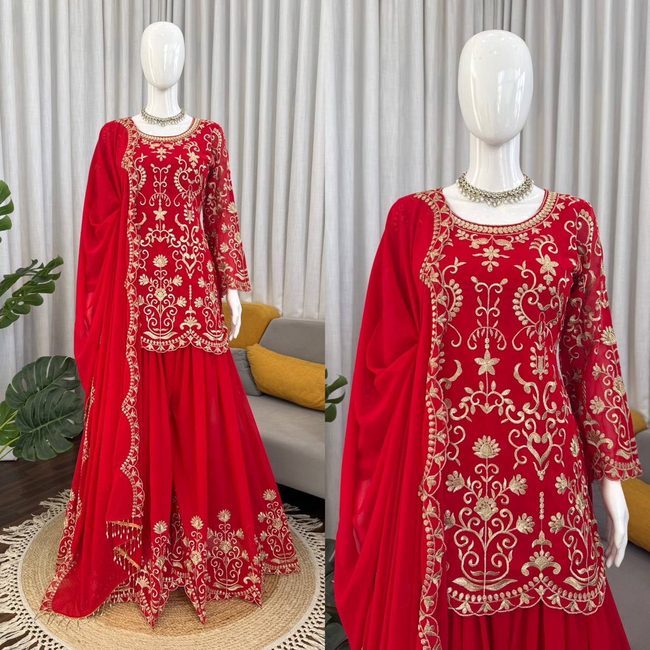 Red Faux Georgette Pakistani Suit Dress with Thread Work Sharara