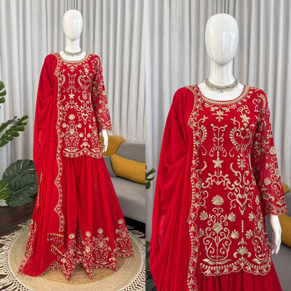 Red Faux Georgette Pakistani Suit Dress with Thread Work Sharara