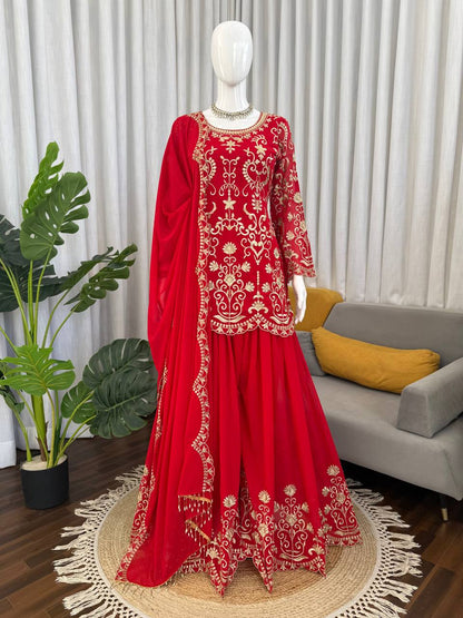 Red Faux Georgette Pakistani Suit Dress with Thread Work Sharara