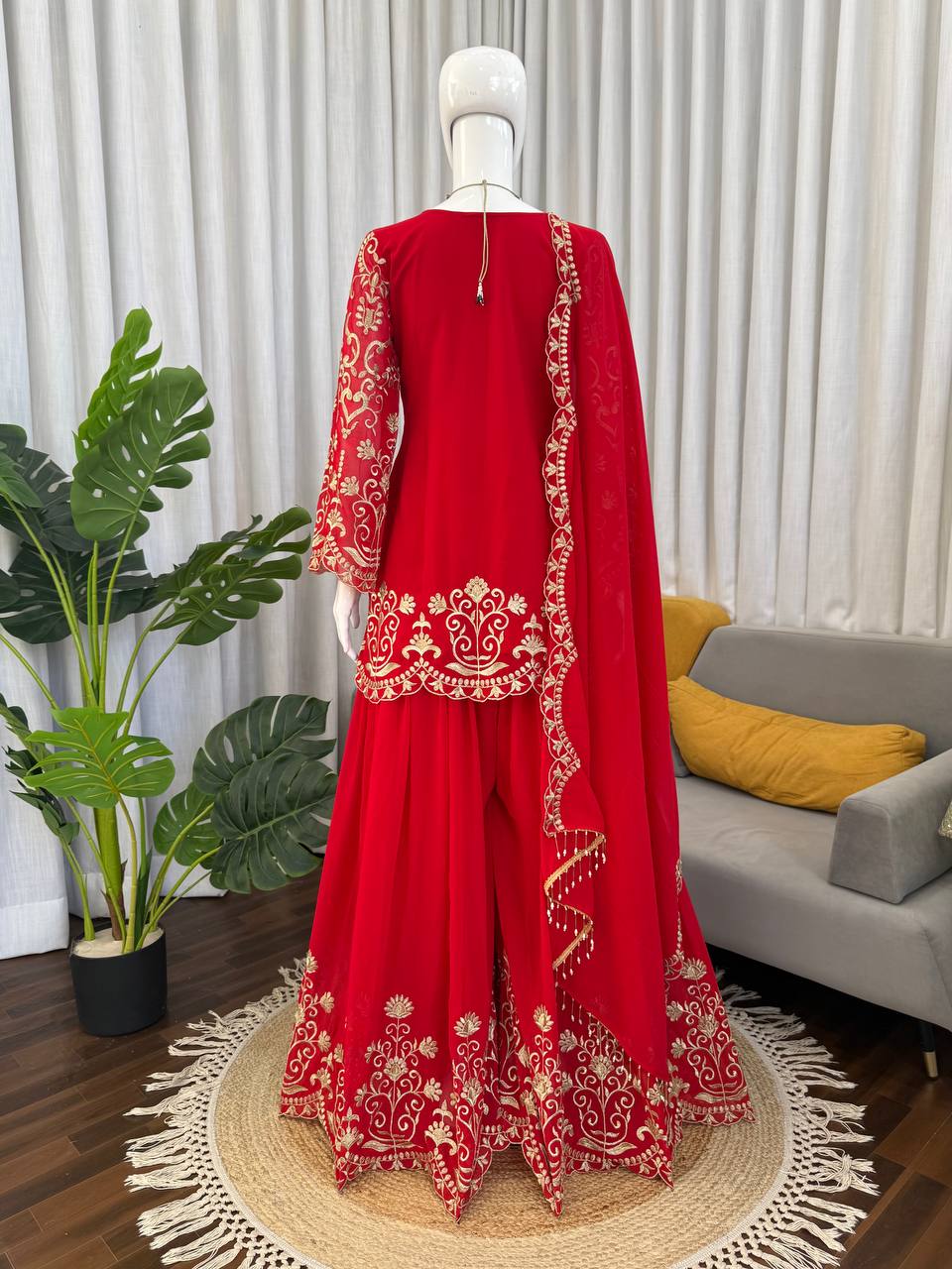Vibrant Red Faux Georgette Embroidered Sharara Salwar Suit