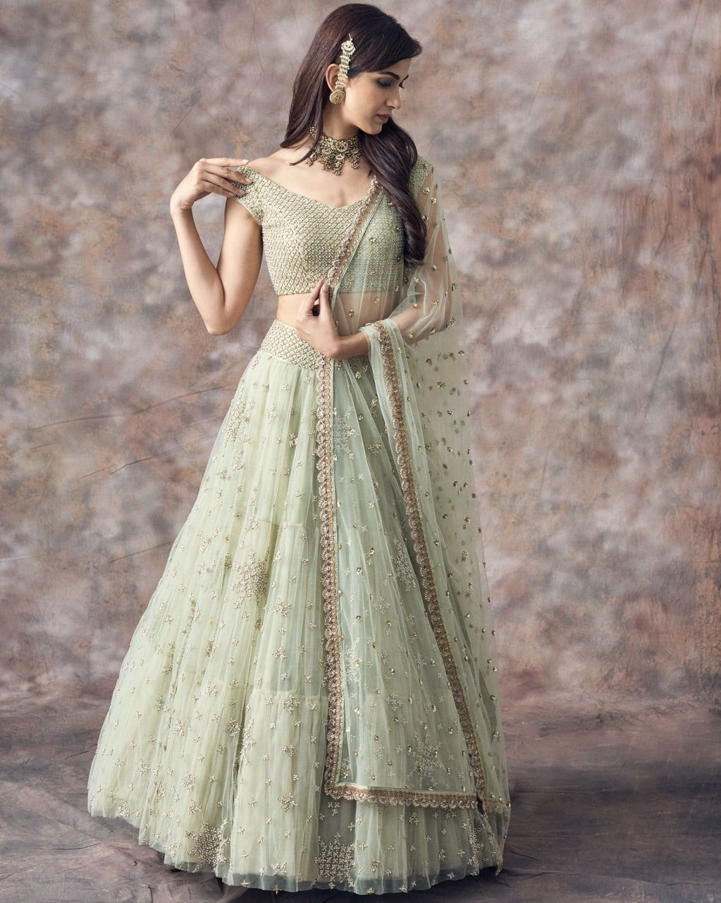Pistachio Green Net Lehenga Choli for Women Party Wear