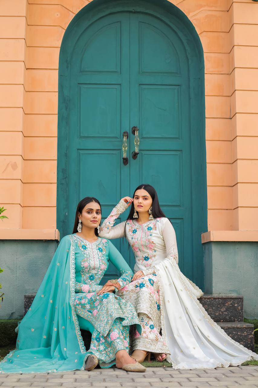 Premium Chinon Heavy Embroidery Plazo Salwar Kameez with Dupatta