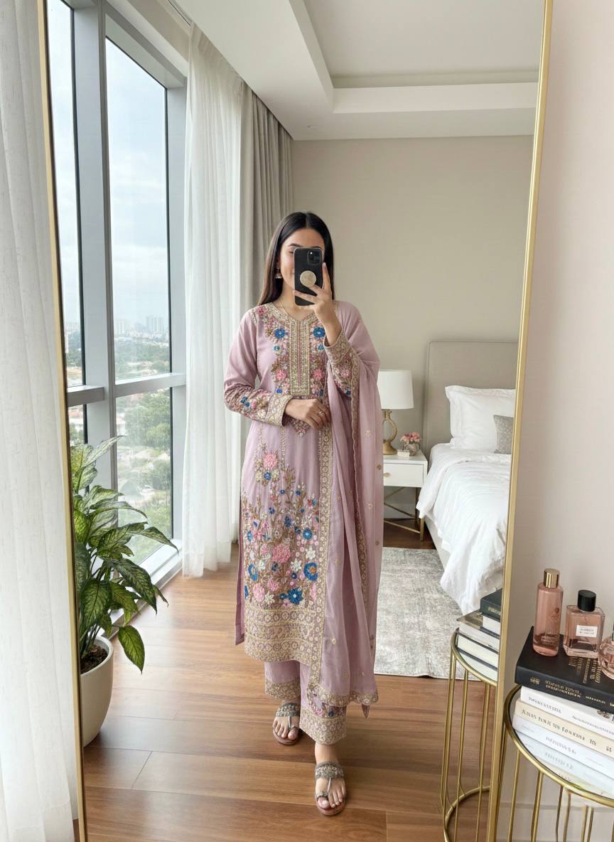 Premium Chinon Heavy Embroidery Plazo Salwar Kameez with Dupatta