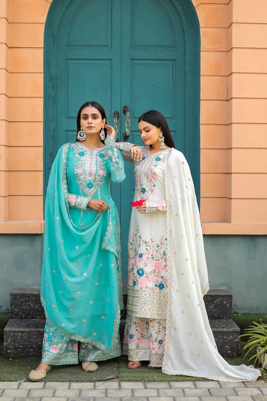 Premium Chinon Heavy Embroidery Plazo Salwar Kameez with Dupatta