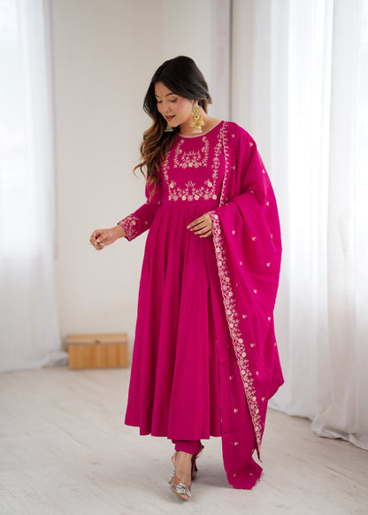 Dark Pink Roman Chanderi Silk Salwar Suit Party Wear for Women