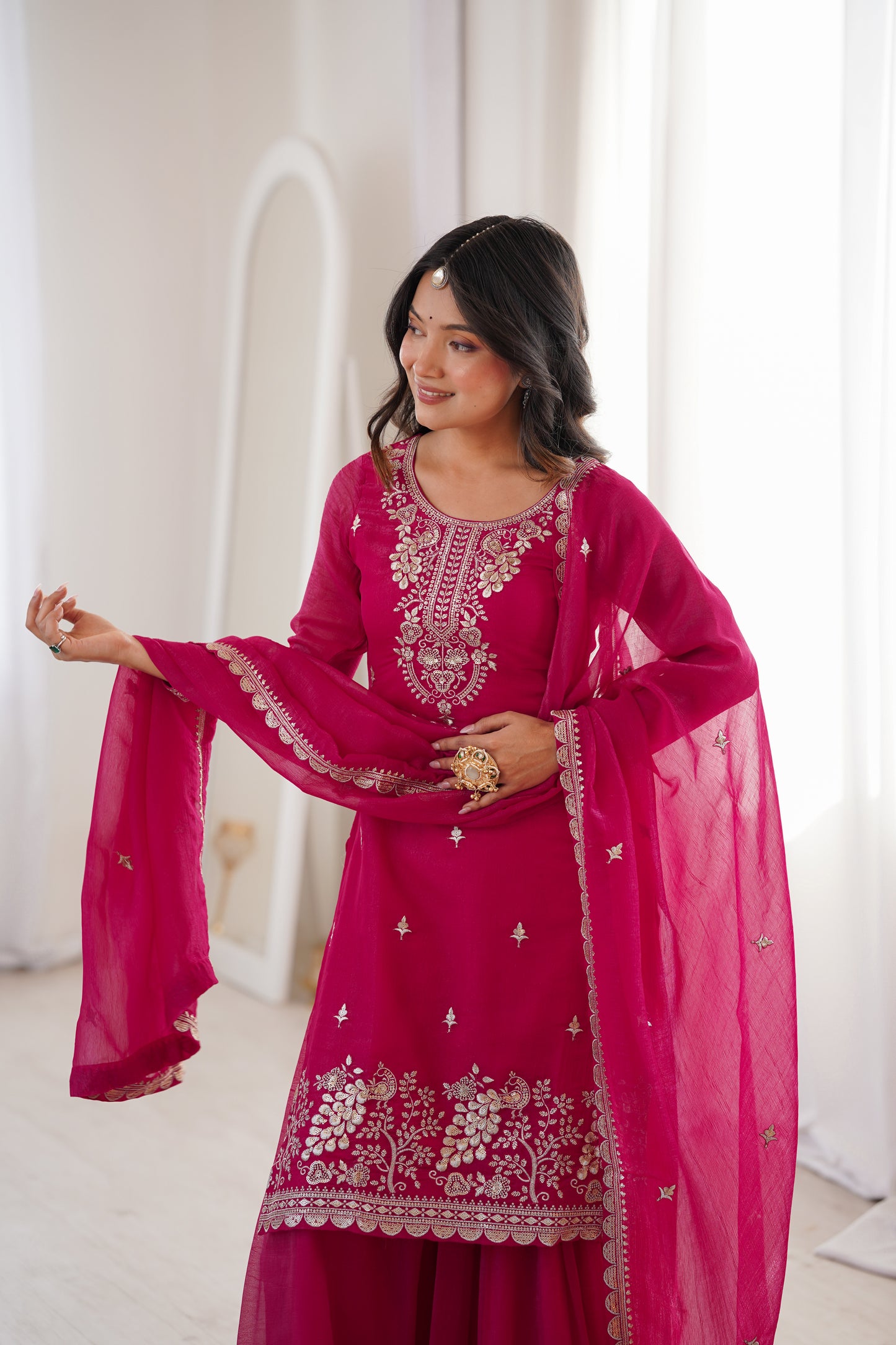 Embroidered Silk Kurta Palazzo Set with Dupatta