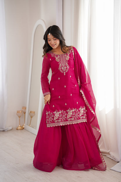 Embroidered Silk Kurta Palazzo Set with Dupatta
