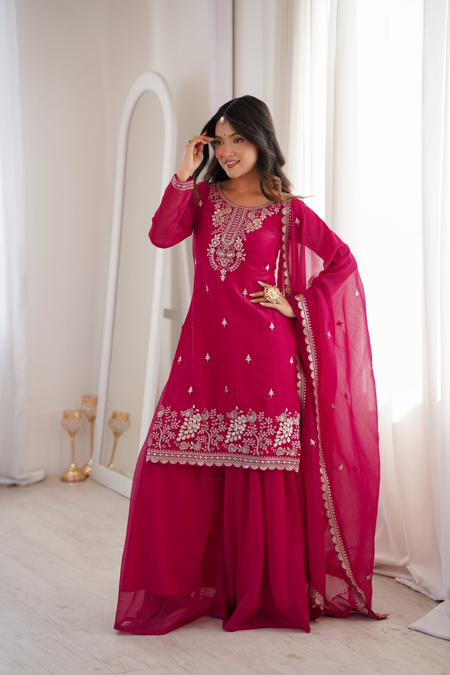 Embroidered Silk Kurta Palazzo Set with Dupatta