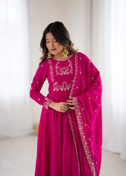 Dark Pink Roman Chanderi Silk Salwar Suit Party Wear for Women
