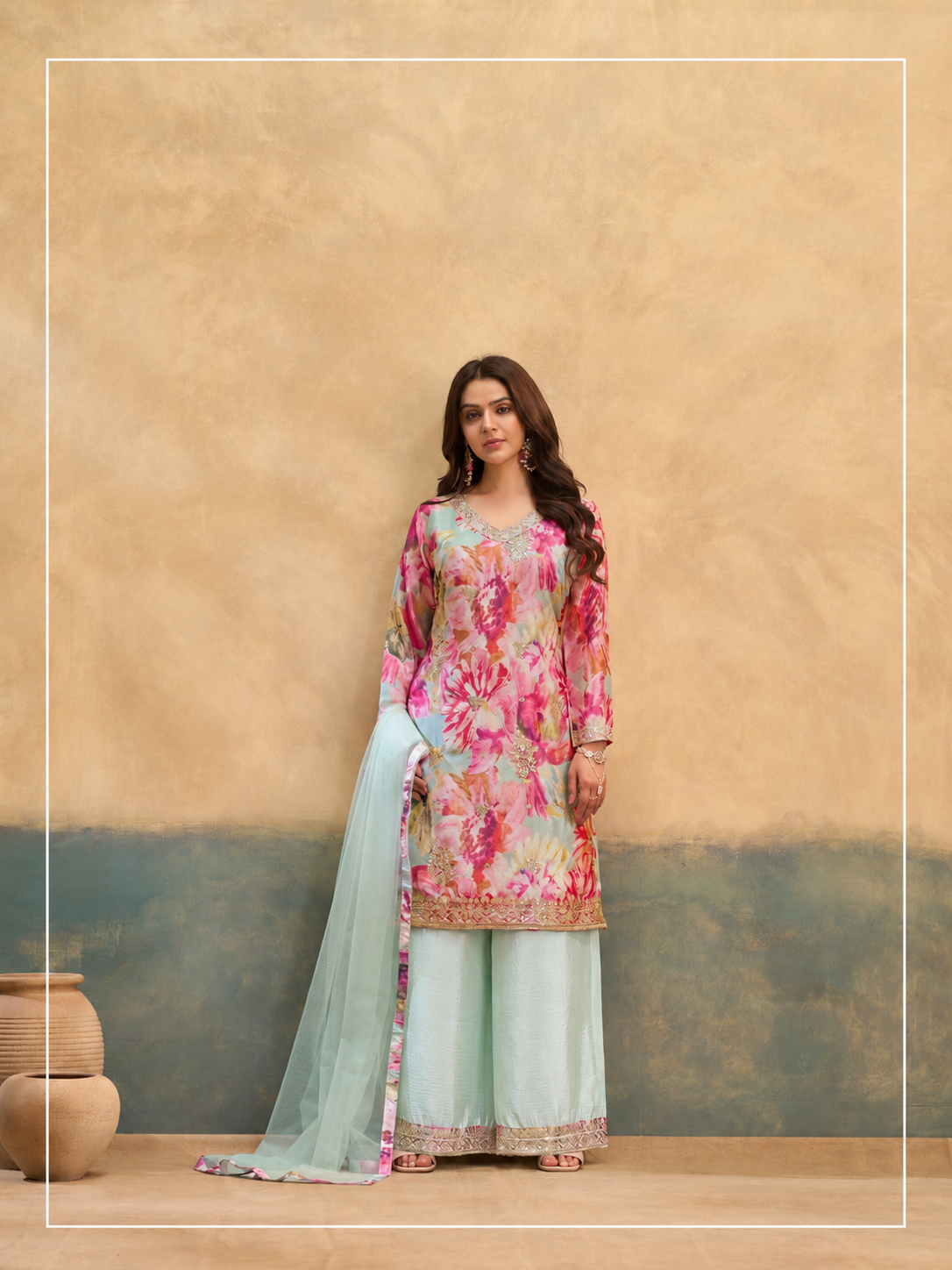 Floral Print Kurta Palazzo Set for Women with Dupatta