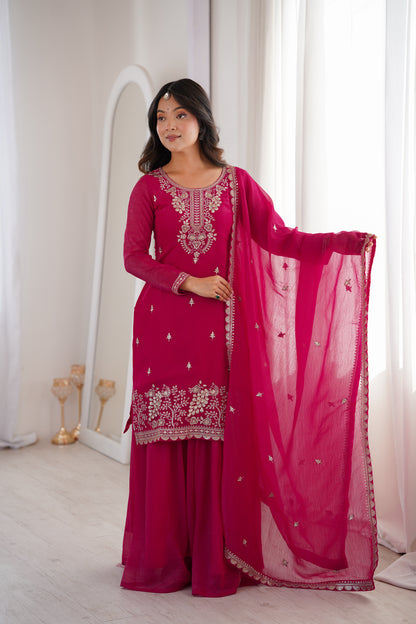 Embroidered Silk Kurta Palazzo Set with Dupatta