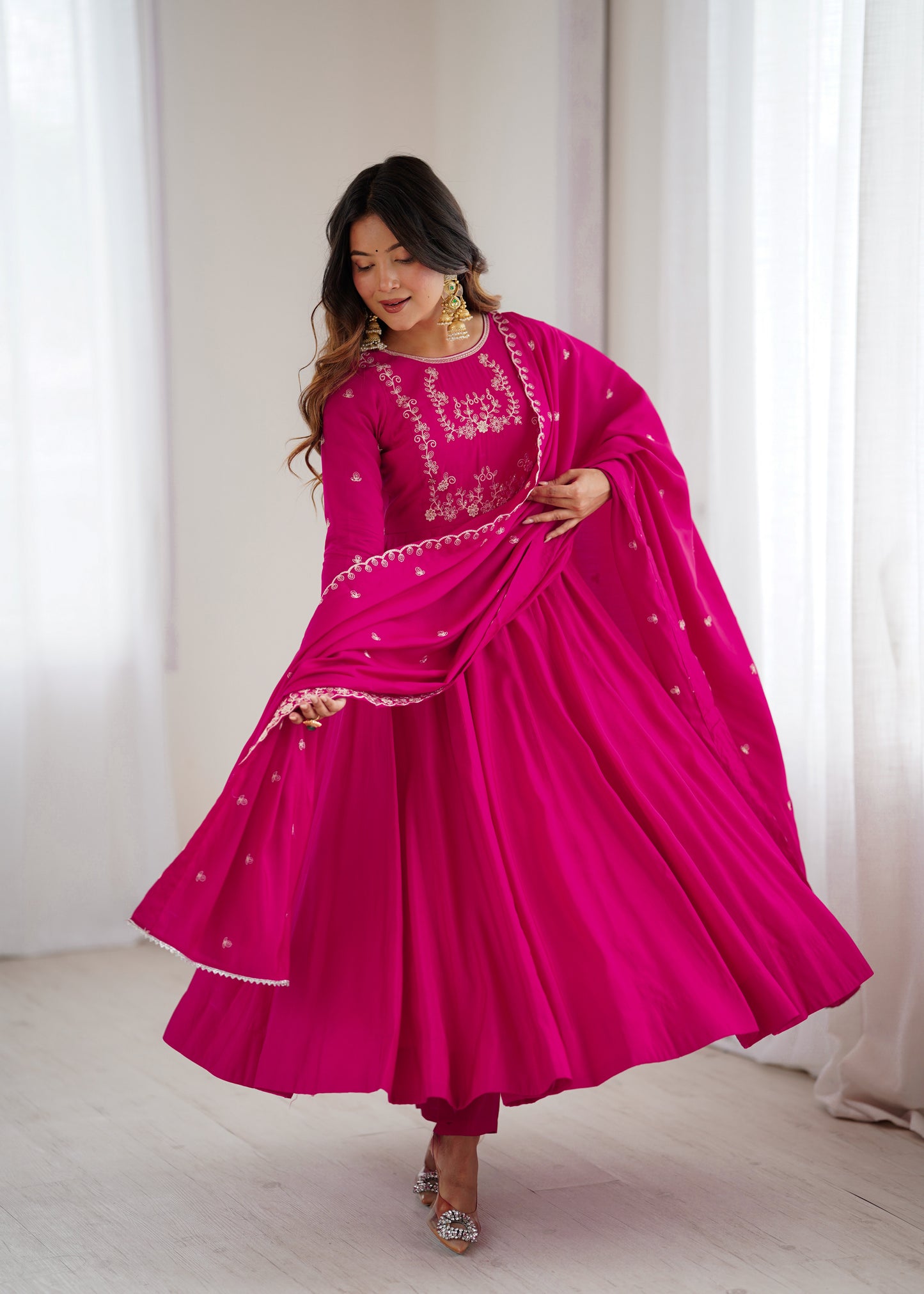 Dark Pink Roman Chanderi Silk Salwar Suit Party Wear for Women