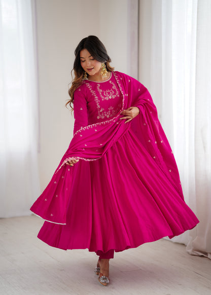 Dark Pink Roman Chanderi Silk Salwar Suit Party Wear for Women