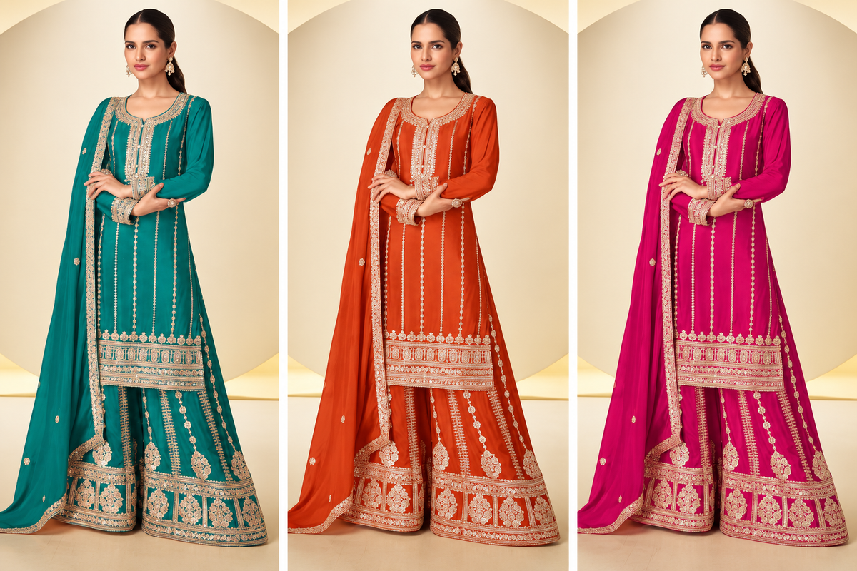 Premium Chinon Embroidered Salwar Kameez Plazo Suit