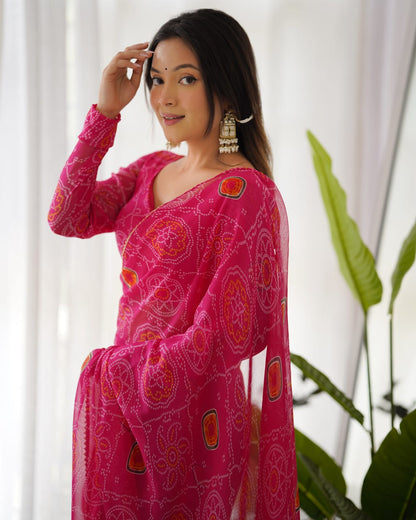 Rani Pink Bandhani Georgette Ready to Wear Saree with Blouse