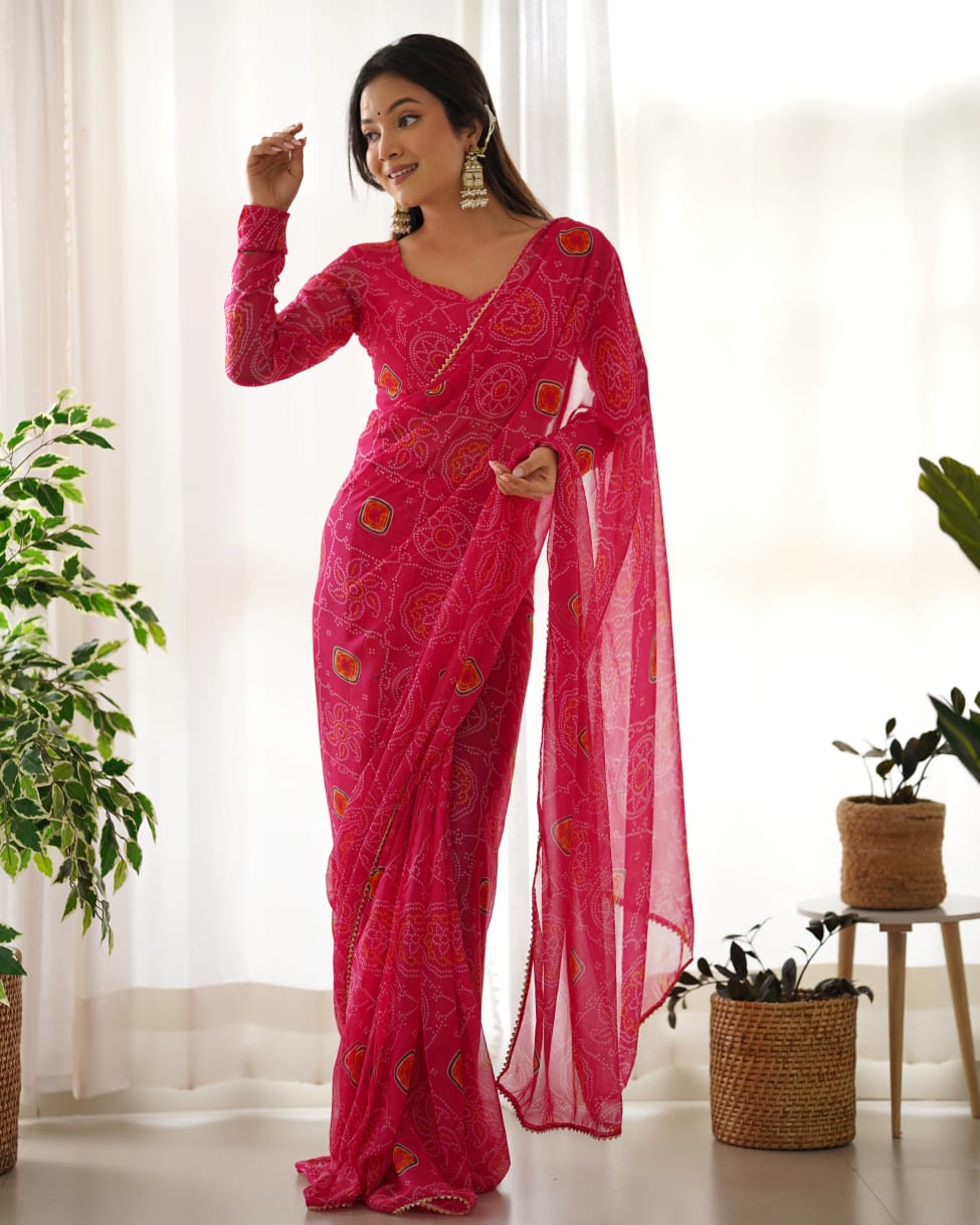 Rani Pink Bandhani Georgette Ready to Wear Saree with Blouse