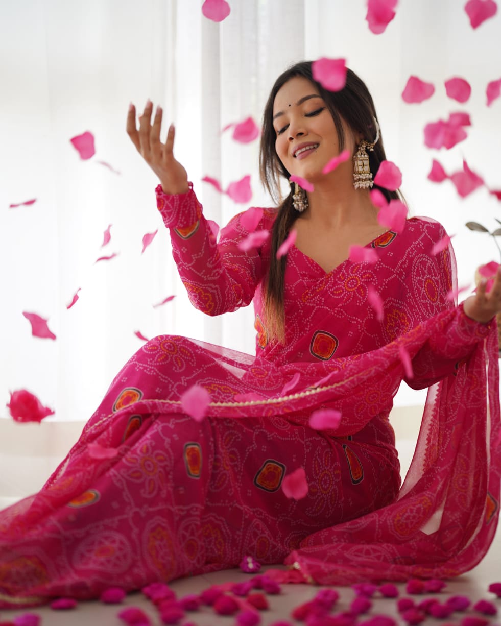 Rani Pink Bandhani Georgette Ready to Wear Saree with Blouse
