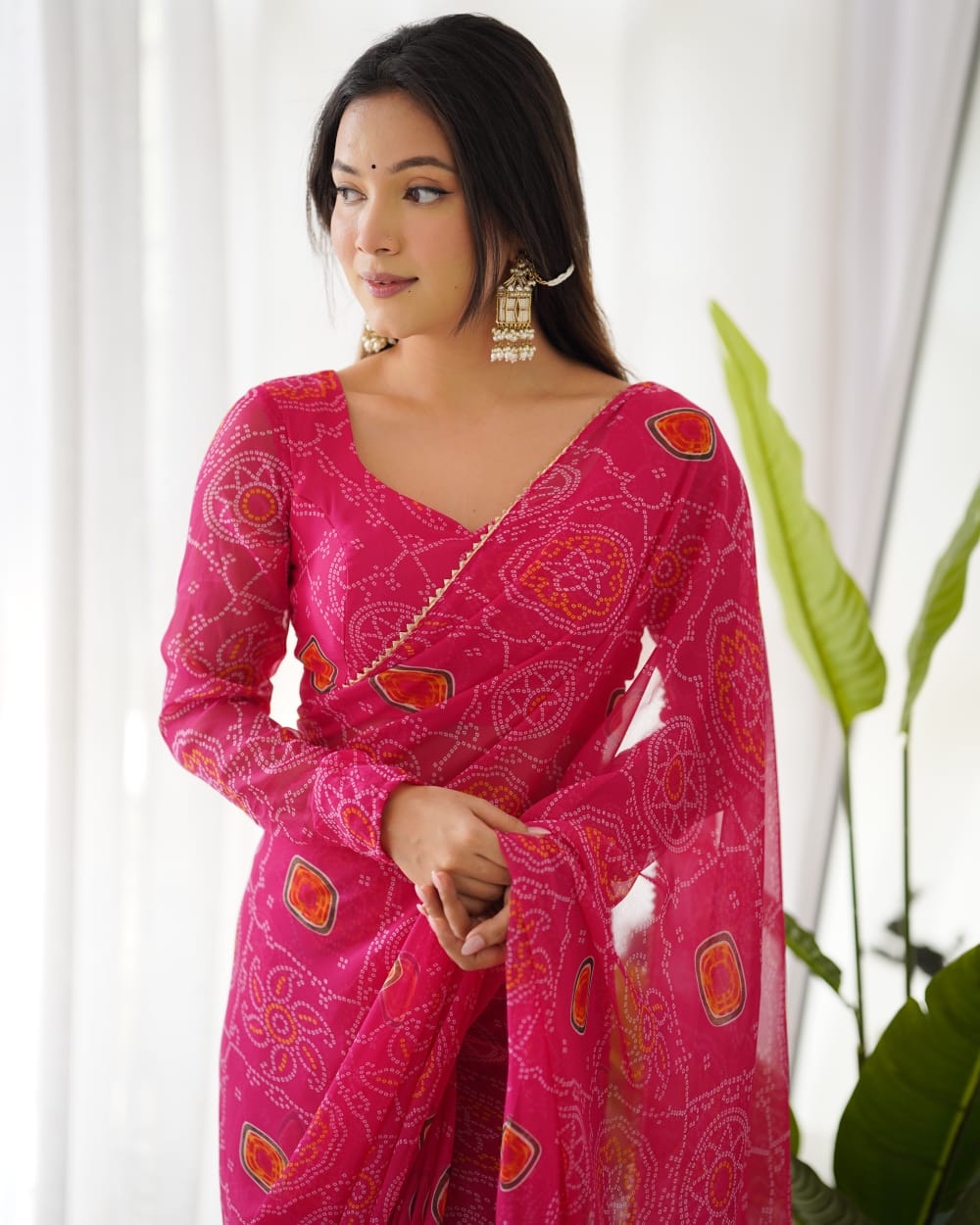 Rani Pink Bandhani Georgette Ready to Wear Saree with Blouse