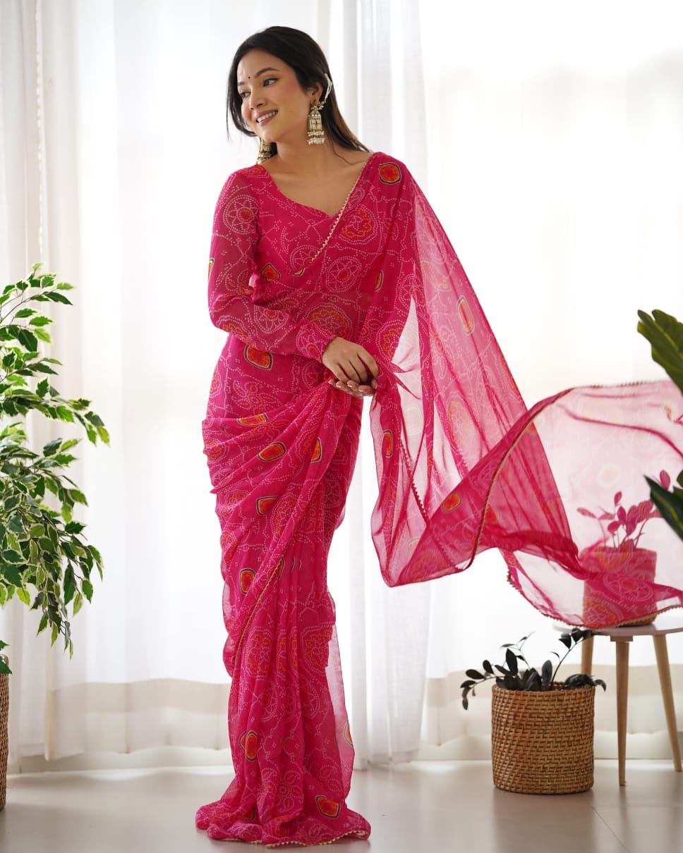 Rani Pink Bandhani Georgette Ready to Wear Saree with Blouse