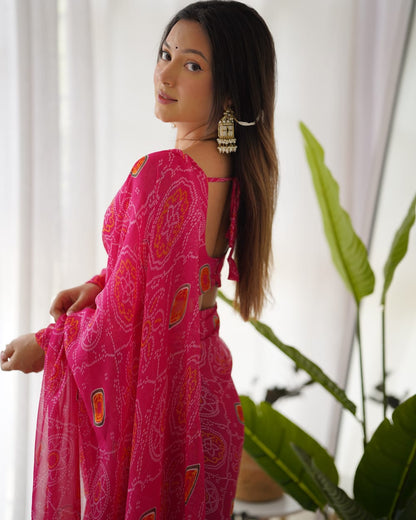Rani Pink Bandhani Georgette Ready to Wear Saree with Blouse