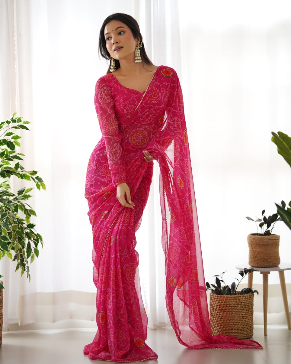 Rani Pink Bandhani Georgette Ready to Wear Saree with Blouse