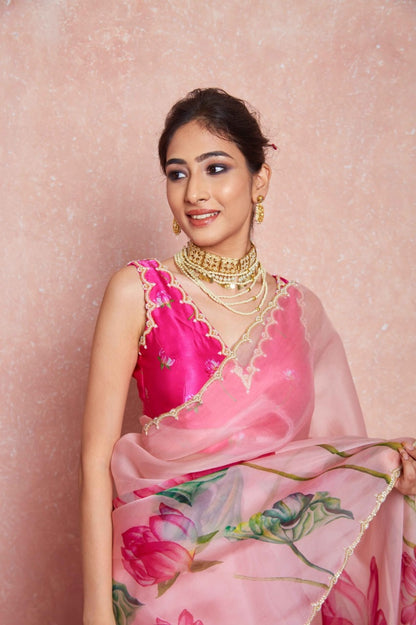 Floral Organza Ready to Wear Saree with Scalloped Border