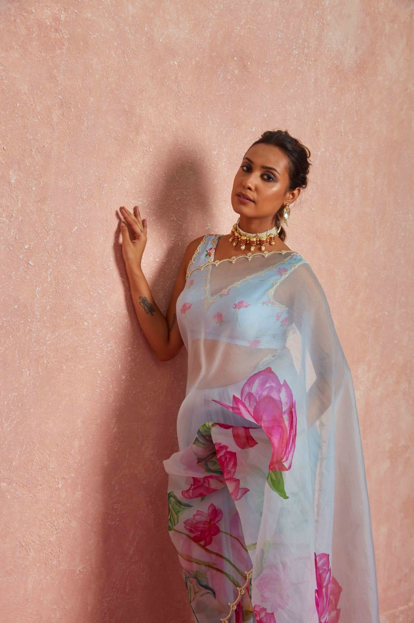 Floral Organza Ready to Wear Saree with Scalloped Border