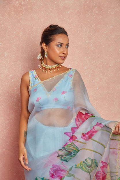 Floral Organza Ready to Wear Saree with Scalloped Border