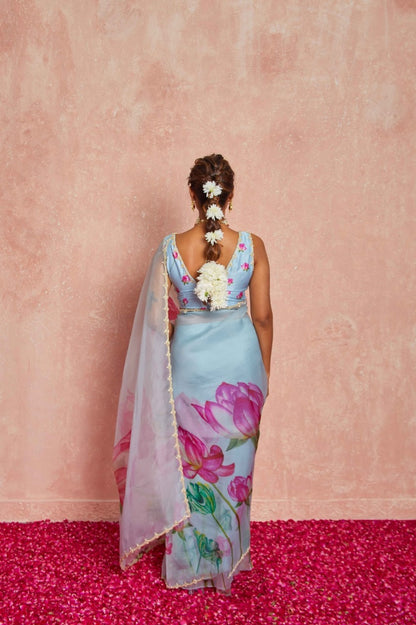 Floral Organza Ready to Wear Saree with Scalloped Border