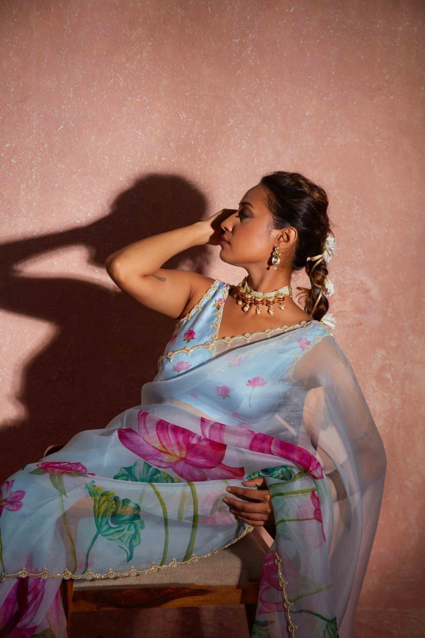 Floral Organza Ready to Wear Saree with Scalloped Border