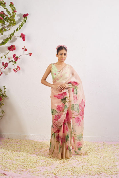 Floral Organza Ready to Wear Saree with Scalloped Border