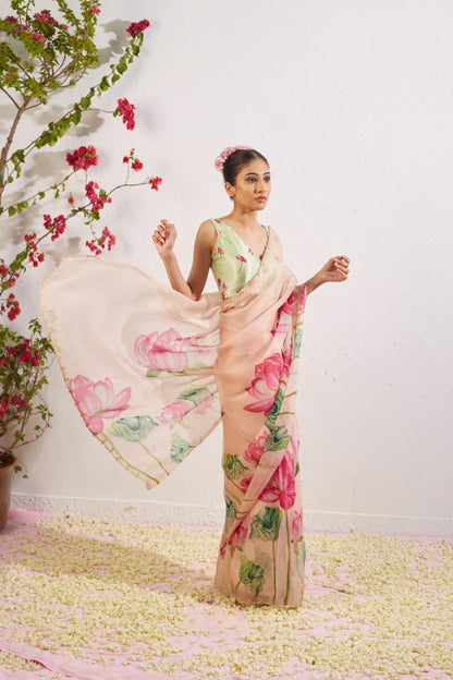 Floral Organza Ready to Wear Saree with Scalloped Border