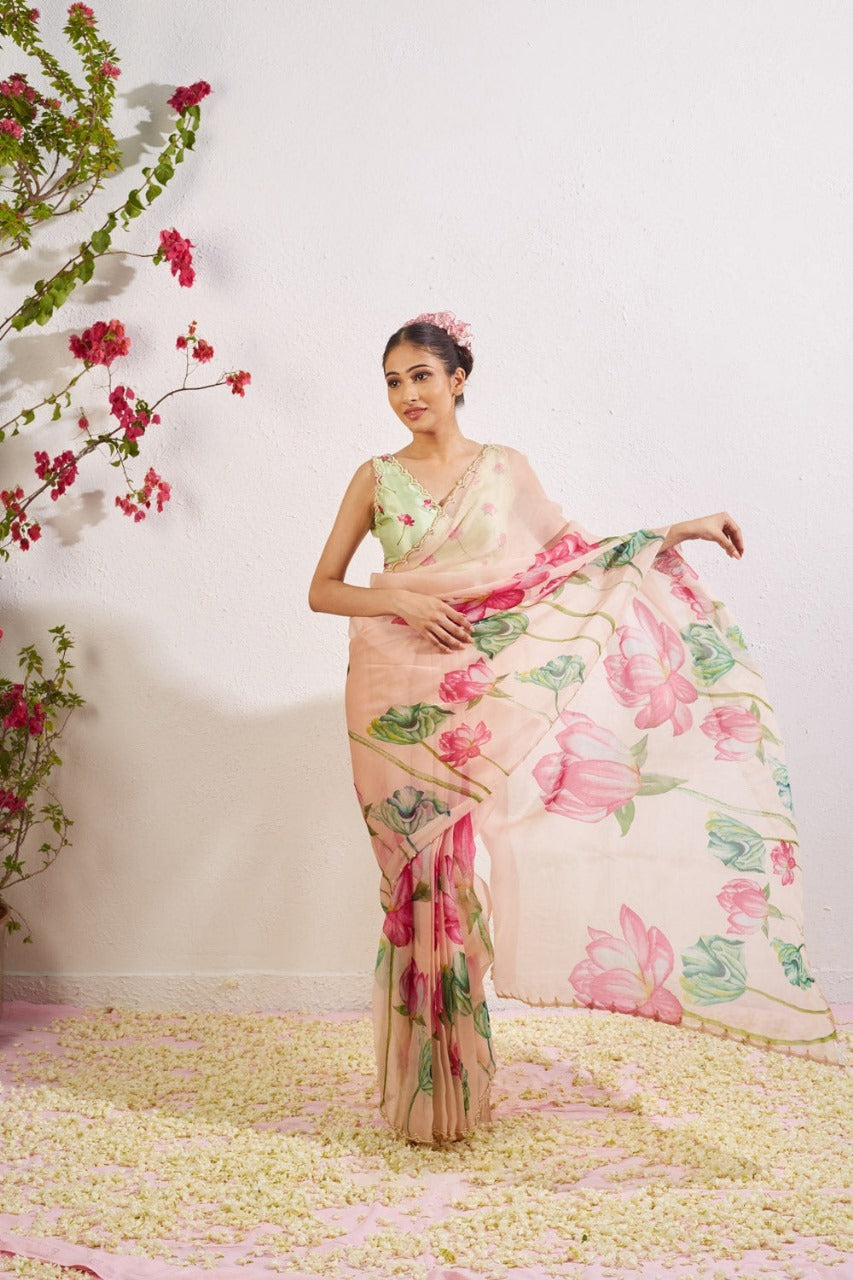 Floral Organza Ready to Wear Saree with Scalloped Border