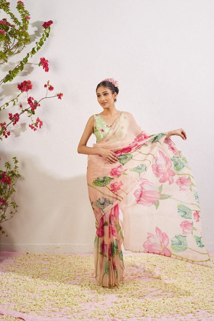 Floral Organza Ready to Wear Saree with Scalloped Border