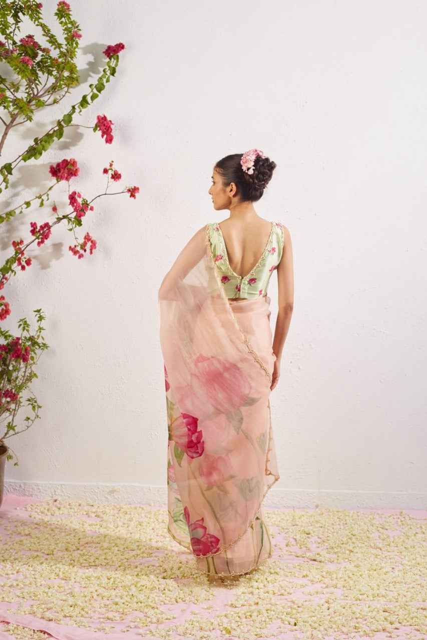 Floral Organza Ready to Wear Saree with Scalloped Border