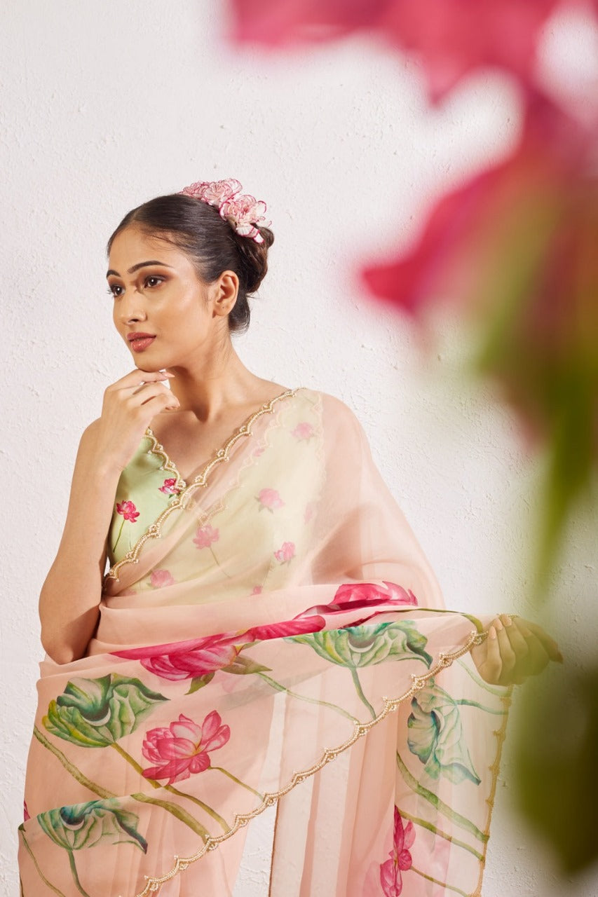 Floral Organza Ready to Wear Saree with Scalloped Border