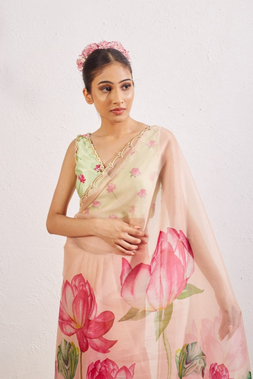 Floral Organza Ready to Wear Saree with Scalloped Border