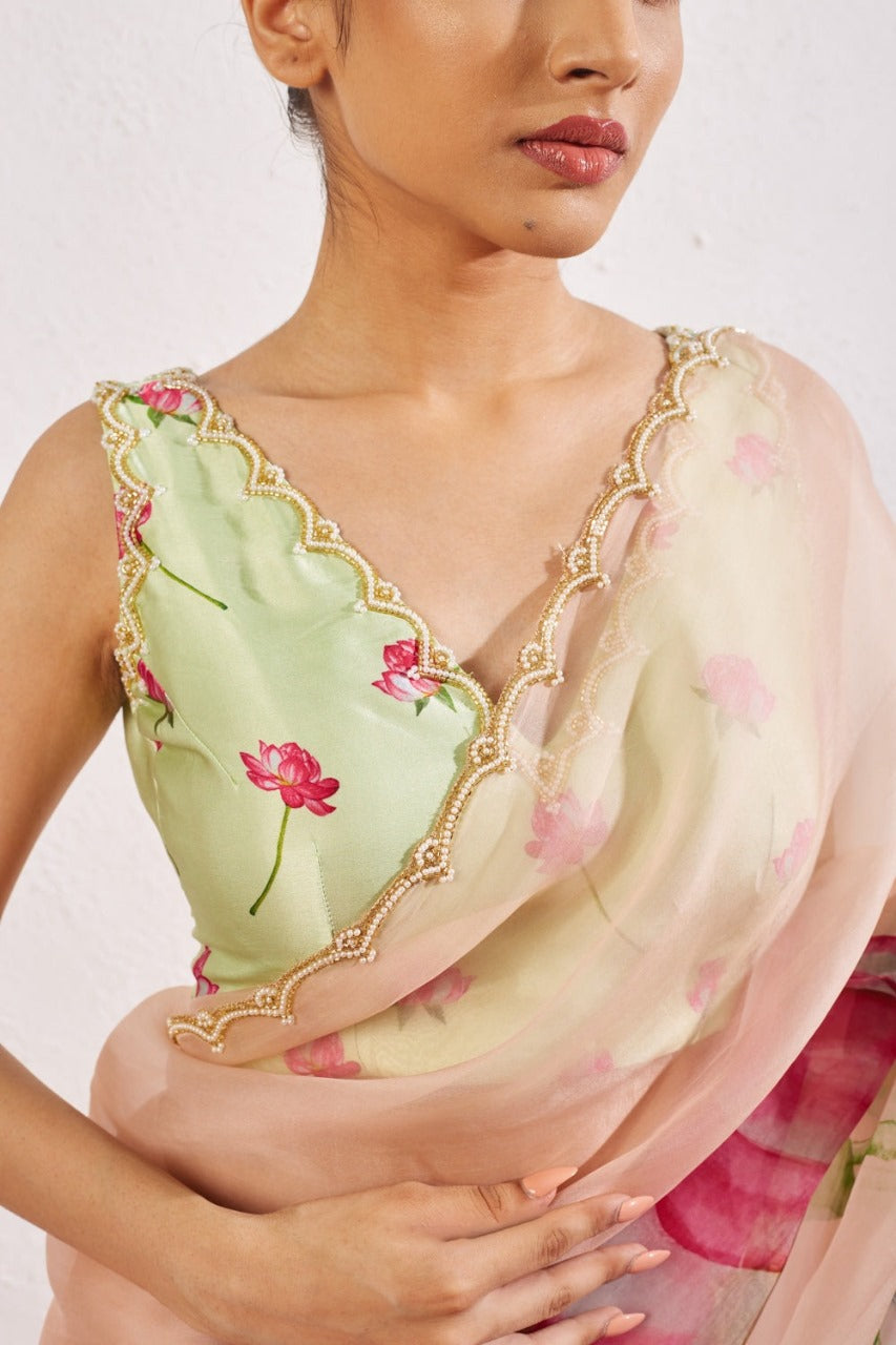 Floral Organza Ready to Wear Saree with Scalloped Border