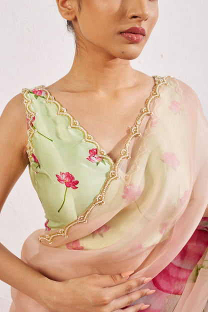 Floral Organza Ready to Wear Saree with Scalloped Border