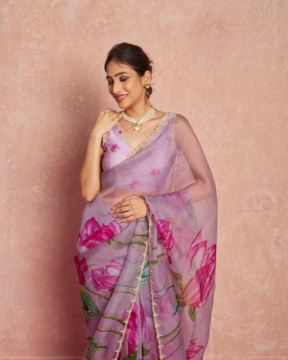 Floral Organza Ready to Wear Saree with Scalloped Border