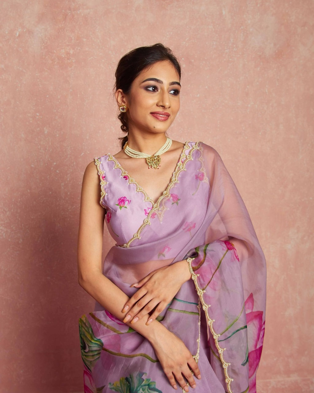 Floral Organza Ready to Wear Saree with Scalloped Border